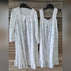 Women's Blue Floral Cotton Nightgown & Robe Set with Lace Trim